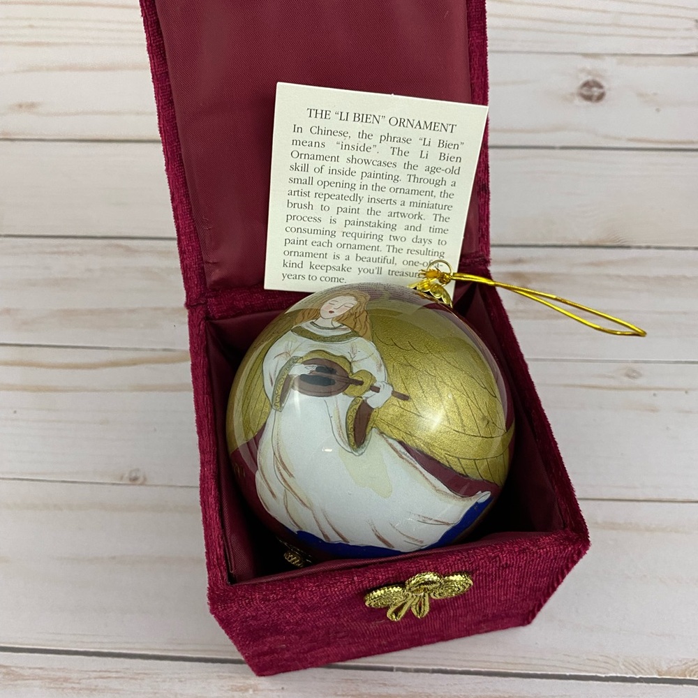 1999 Pier 1 Imports LI BIEN Angel Glass Ornament Burgundy & Gold in Box